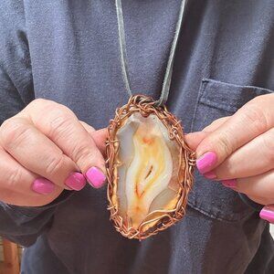 Large Pendant Agate Sardonyx Druzy Copper Genuine Leather Carnelian Unisex Boho